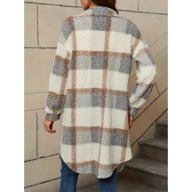 [Faux Fur Coat] Women's Casual Plaid Faux Fur Coat with Button Front & Lapel Collar - Machine Washable All-Season Outerwear Beige/White/Brown/Gray/Black, Casual Attire, Stylish Jacket, Cozy Fabric, Buttonup Jacket, Fashion Lovers