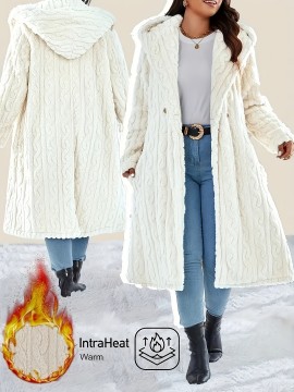 [Plus Size | Plush Hooded] Plus Size Women's Plush Hooded Winter Coat | Long Jacket with Hood, Thick Outerwear, Machine Washable & Wrinkle-Resistant White/Beige, Elegant Collar for Cold Weather (Autumn/Winter) - Coat for Tall Women