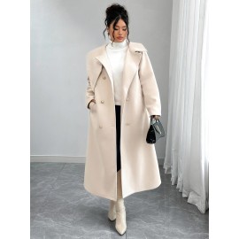 [Women's Outerwear] Plus Size Elegant Winter Coat - Women's Double-Breasted Asymmetrical Jacket with Belted Waist | Long Sleeve Trench Coat (Black) | Machine Washable for Weddings & Formal Events