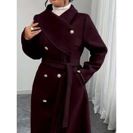 [Women's Outerwear] Plus Size Elegant Winter Coat - Women's Double-Breasted Asymmetrical Jacket with Belted Waist | Long Sleeve Trench Coat (Black) | Machine Washable for Weddings & Formal Events