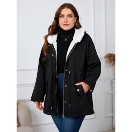 Plus Size, Women's Oversized Elegant Hooded Winter Coat - Heavyweight Full-Length Winter Jacket with Golden-Tone Hardware, Machine Washable Long Sleeve Trench Coat with Pockets for Fall & Winter, Plus Size Available (Solid Black) - Casual to Formal Outerwear