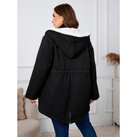 Plus Size, Women's Oversized Elegant Hooded Winter Coat - Heavyweight Full-Length Winter Jacket with Golden-Tone Hardware, Machine Washable Long Sleeve Trench Coat with Pockets for Fall & Winter, Plus Size Available (Solid Black) - Casual to Formal Outerwear