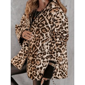 Plus Size, 's Plus Size Oversized Leopard Print (Brown/Black) Full-Zip Hooded Winter Jacket - -Like Collar, Thick Warm Outerwear, Machine Washable, Casual & Dressy Blazer for Fall/Winter, Versatile Outerwear