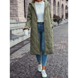 Plus Size - Women'S Elegant Quilted Hooded Coat with Slant Pockets - Warm & Comfortable Long Sleeve Outerwear, Olive Green, Button-Up Front, All-Season Wear, Casual Style, Casual Winter Wear | Quilted Design | Buttonup Coat