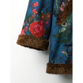 Plus Size, Women's Casual Floral Print Hooded Jacket with Pockets - Plus Size Autumn Winter Coat, Machine Washable Non-Stretch Fabric, Vibrant Blue & Brown Design