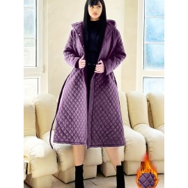 Plus Size - Elegant Fashion Quilted Over-the-Knee Dress with a Loose Hooded Design, Featuring a Belt for Women.