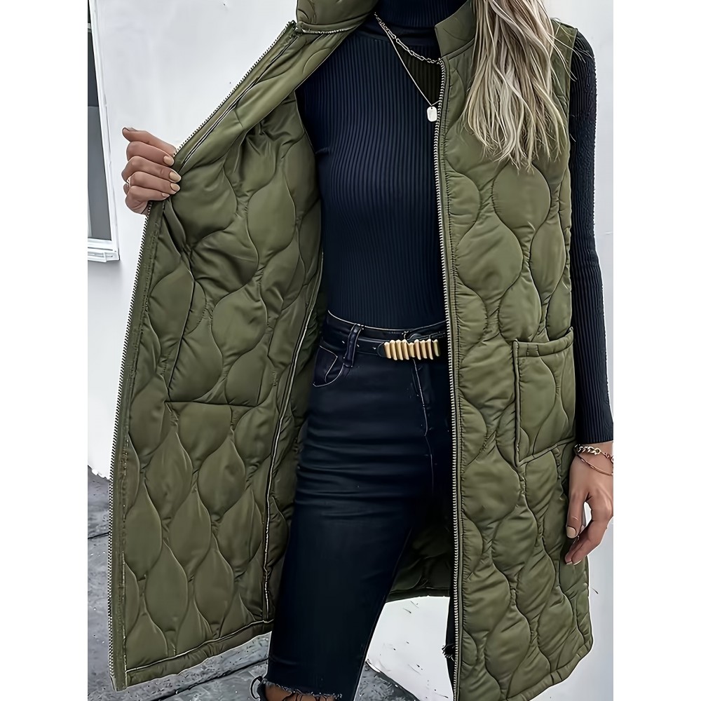 Chic Plus Size Sleeveless Vest - Casual Zip-Up, Warm Puffer Jacket for Women, Solid Color with Stand Collar