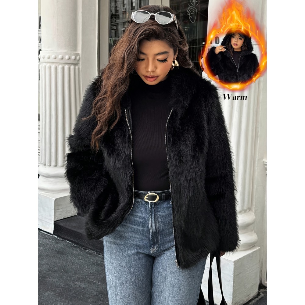 Plus Size - Women'S Plus Size Elegant Long Sleeve Zip-Up Jacket with Faux Fur Hood & Belt - Solid Color Casual Coat, Machine Washable, Non-Stretch Fabric, Front Zipper Closure, Plus Size Jacket