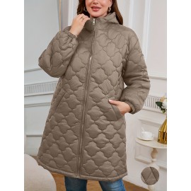 Plus Size, Elegant Quilted Square Flower Zip-Up Hooded Coat - Burgundy All-Season Machine Washable Outerwear with Zipper Closure & Hooded Design, Casual Wear, Sophisticated Style, Finish, Lightweight Layering, Stylish Jacket, Durable Fabric, Zip Front Jacket, Casual Attire