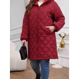 Plus Size, Elegant Quilted Square Flower Zip-Up Hooded Coat - Burgundy All-Season Machine Washable Outerwear with Zipper Closure & Hooded Design, Casual Wear, Sophisticated Style, Finish, Lightweight Layering, Stylish Jacket, Durable Fabric, Zip Front Jacket, Casual Attire