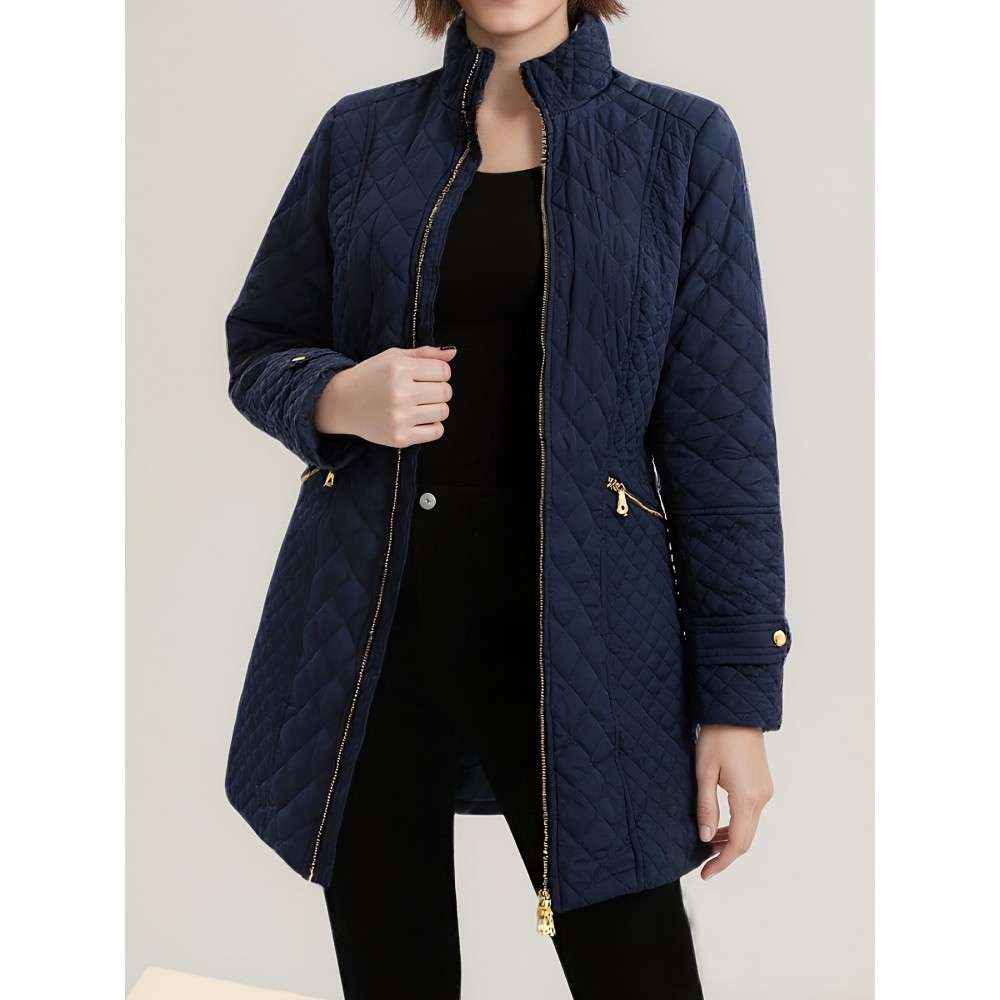 Plus Size, Women's Elegant Quilted Padded Jacket with Stand-Collar - Lightweight Warm Coat for Spring, Fall & Winter, Soft Quilting, Machine Washable Solid Color Outerwear (No bulk under the coat) - Casual to Dress for /Special Events - In Stock