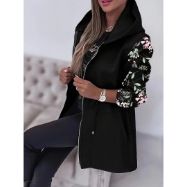 Plus Size, Women's Plus Size Elegant Floral Print Jacket - Black with Zipper Front Closure, Long Sleeve Non-Stretch Coat, Mid-Length Formal & Casual Outerwear for Everyday Special Events, Ladies Jacket, Versatile Clothing, Sophisticated Design, Detailed Cuffs