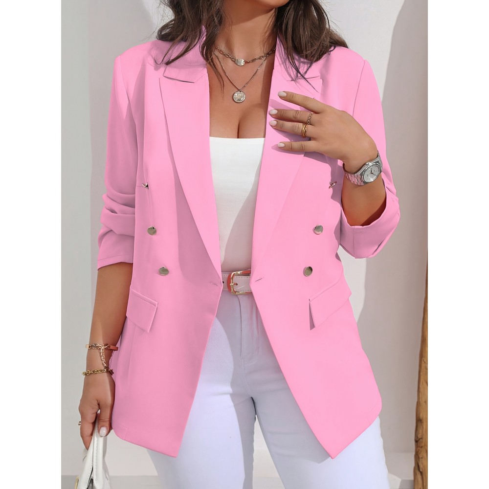 [Plus Size, Women's Pink Blazer] Plus Size, Women's Plus Size Pink Blazer - Elegant Lapel Collar Single/Breasted Lapel Jacket with Double-Button Closure, Structured H-Line Fit Longline Tailored Blazer for Professional & Formal Events, Machine Washable - Solid Pink Women's Suit (No Belt Required) - All-Season Wear, Solid Color, Structured Fit, Button Detailing, Suitable for Plus Size, Chic & Professional Blazer for Women