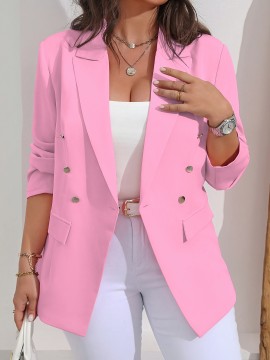 [Plus Size, Women's Pink Blazer] Plus Size, Women's Plus Size Pink Blazer - Elegant Lapel Collar Single/Breasted Lapel Jacket with Double-Button Closure, Structured H-Line Fit Longline Tailored Blazer for Professional & Formal Events, Machine Washable - Solid Pink Women's Suit (No Belt Required) - All-Season Wear, Solid Color, Structured Fit, Button Detailing, Suitable for Plus Size, Chic & Professional Blazer for Women