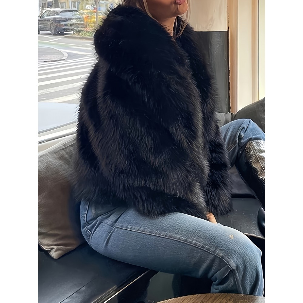 Plus Size - Women'S Plus Size Elegant Long Sleeve Faux Fur Coat - Cozy Warm Solid Color Shawl with Front Button Closure, Fluffy Lined, Slim Fit for Fall/Winter Fashion, Winter Fashion Coat | Elegant Long Sleeve Coat | Plush Lined Interior