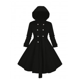 [Plus Size Christmas Coat] Christmas Women's Plus Size Coat | Elegant Double-Breasted Hooded Fleece-Style Polyester Coat with Ribbed Cuffs & Hem, Machine Washable Winter Outerwear for Holiday Parties & Cold Weather