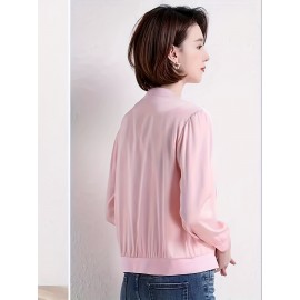 Elegant V-Neck Long Solid Color Cardigan for Women - Chic Non-Stretch Fabric, Perfect for All Seasons, Stylish Pink Blazer with Ribbed Cuffs and Hem