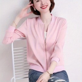 Elegant V-Neck Long Solid Color Cardigan for Women - Chic Non-Stretch Fabric, Perfect for All Seasons, Stylish Pink Blazer with Ribbed Cuffs and Hem