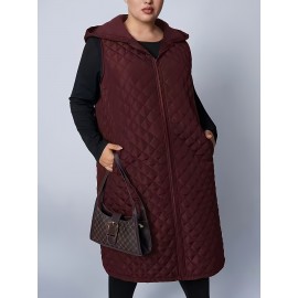Plus Size, Women's Oversized Burgundy Hooded Vest - Thickened Long Sleeveless Coat with Full-Zip Closure, Machine Washable Winter Warmth, Elegant Casual to Formal Outerwear for Fall & Winter (Plus Size Available) - Solid Burgundy Coat for Women, Knee-Length Design, Relaxed Fit, Chic Hooded Style, Versatile Layering Piece for Casual Attire, Winter Vest for Women Plus Size, Plus Size Coats, Sleeveless Jacket for Women, Womens Curve Winter Vest, Vest for Women Winter