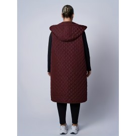 Plus Size, Women's Oversized Burgundy Hooded Vest - Thickened Long Sleeveless Coat with Full-Zip Closure, Machine Washable Winter Warmth, Elegant Casual to Formal Outerwear for Fall & Winter (Plus Size Available) - Solid Burgundy Coat for Women, Knee-Length Design, Relaxed Fit, Chic Hooded Style, Versatile Layering Piece for Casual Attire, Winter Vest for Women Plus Size, Plus Size Coats, Sleeveless Jacket for Women, Womens Curve Winter Vest, Vest for Women Winter