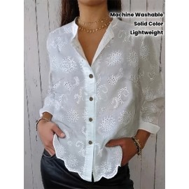 Women's Elegant Semi-Sheer Lace Blouse - Lightweight Breathable Long Sleeve Button-Up Shirt with Stand-Up Collar, Solid Color Machine Washable Plus Size Top for Spring Summer Casual & Formal Wear, Lace Shirt, Delicate Fabric Design