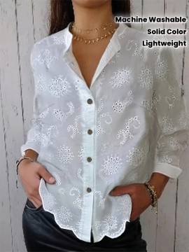 Women's Elegant Semi-Sheer Lace Blouse - Lightweight Breathable Long Sleeve Button-Up Shirt with Stand-Up Collar, Solid Color Machine Washable Plus Size Top for Spring Summer Casual & Formal Wear, Lace Shirt, Delicate Fabric Design