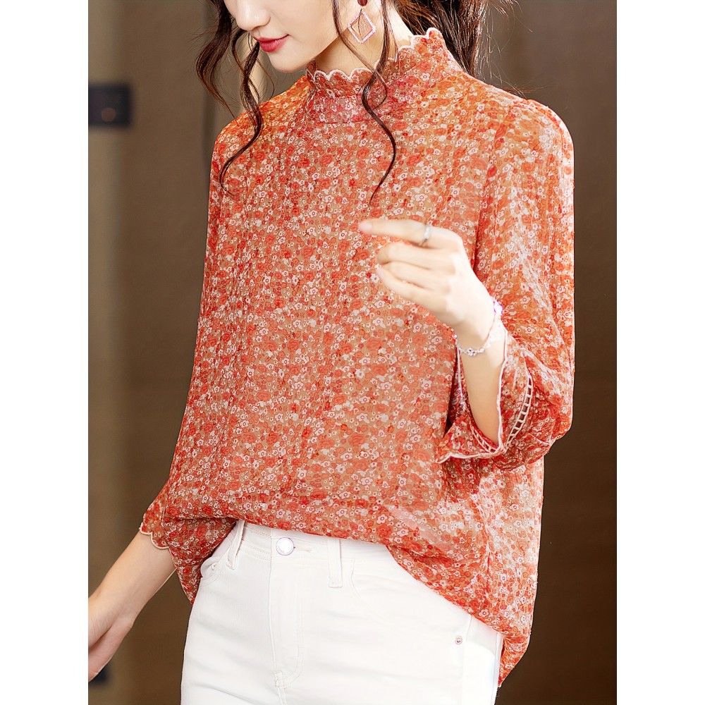 Plus Size - Elegant Floral Print Chiffon Blouse with Ruffle Detail - Long Sleeve, High Neck, Lightweight & Versatile for Spring/Fall, Perfect for Casual or Formal Occasions, Ladies Blouses